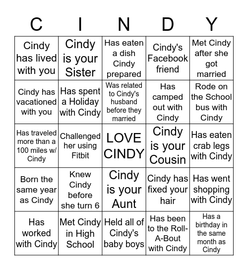 Cindy's Birthday Bash Bingo Card