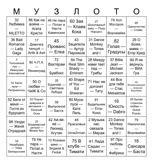 МУЗЛОТО Bingo Card