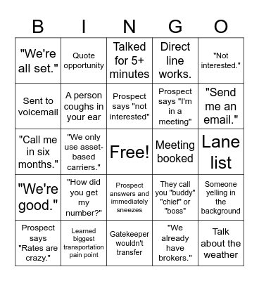 IGT Cold Call Bingo Card
