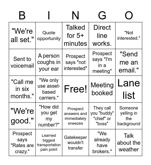 IGT Cold Call Bingo Card