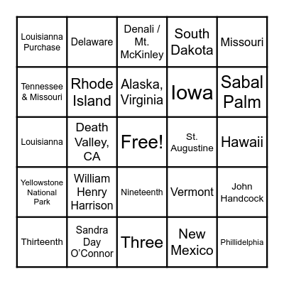 United States of Trivia #1 Bingo Card