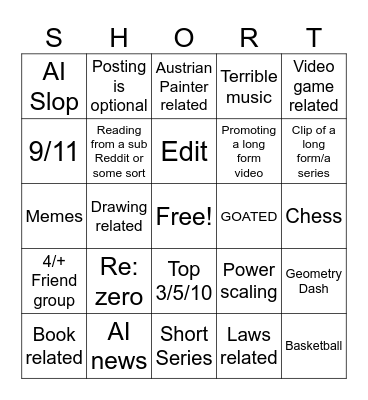 Youtube short bingo #1 Bingo Card