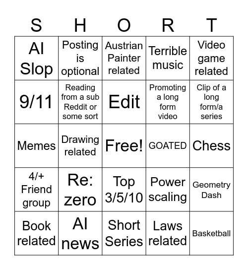Youtube short bingo #1 Bingo Card