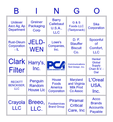 PCA Customers Bingo Card