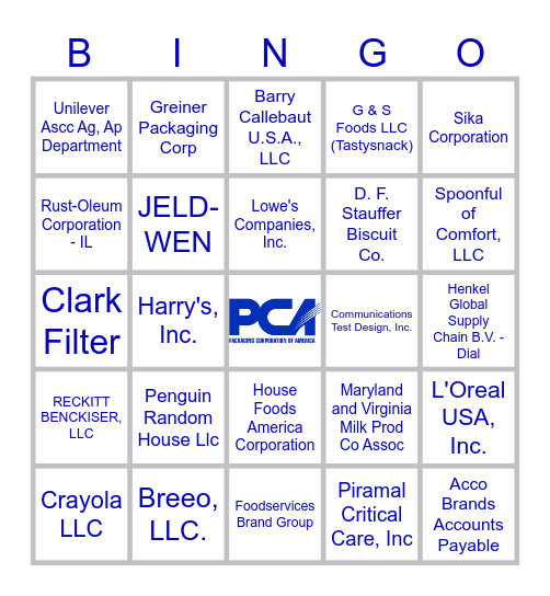 PCA Customers Bingo Card