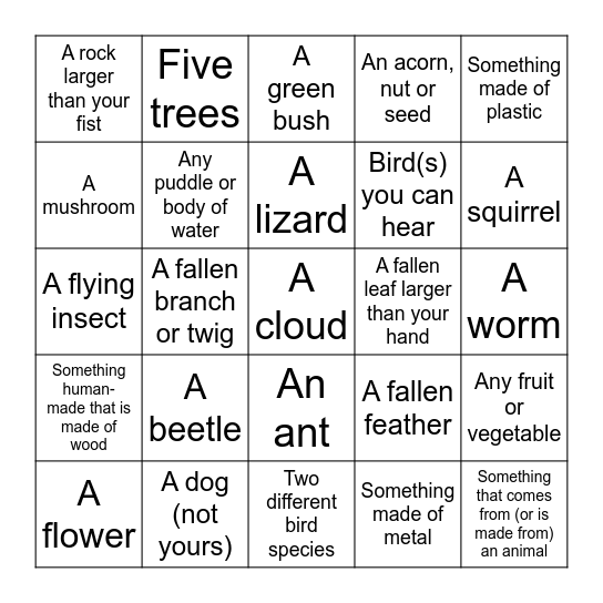 Biodiversity Scavenger Hunt Bingo Card