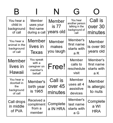Pre-Vist Bingo Card