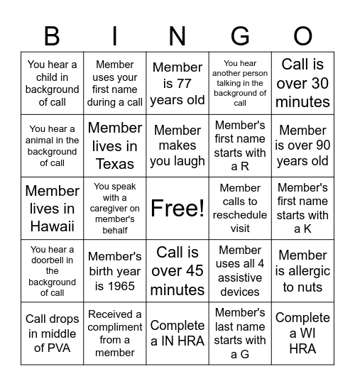 Pre-Vist Bingo Card