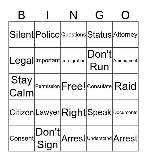 Know Your Rights Bingo Card
