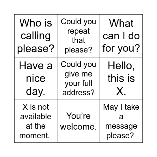 telefoongesprekken Engels Bingo Card