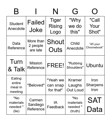 Staff Meeting Bingo Card