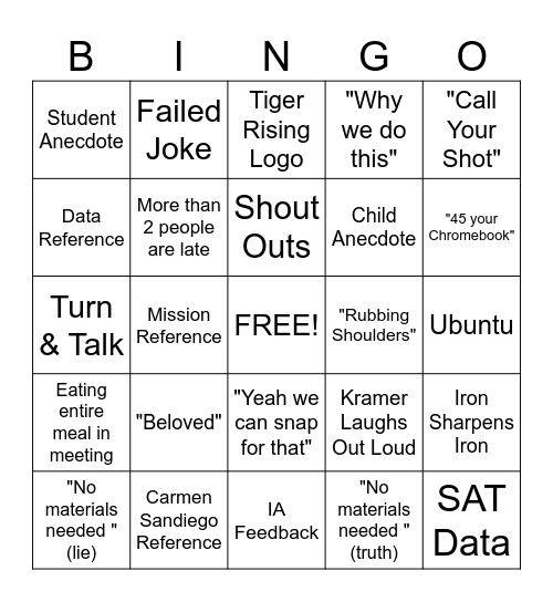 Staff Meeting Bingo Card