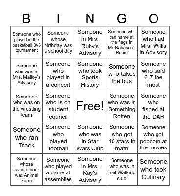 End of Year Bingo Card