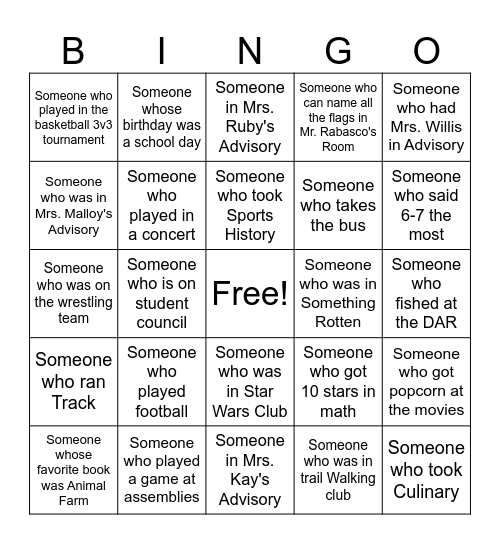 End of Year Bingo Card