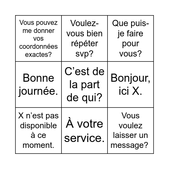 Telefoongesprekken Frans Bingo Card