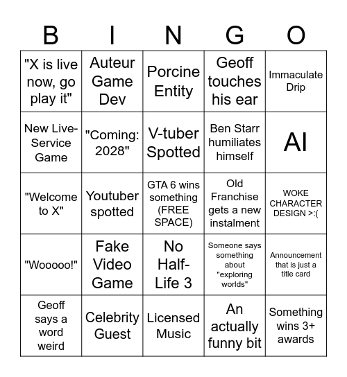 Game Awards Bingo Card