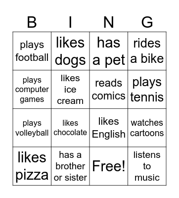 Present Simple Bingo Card