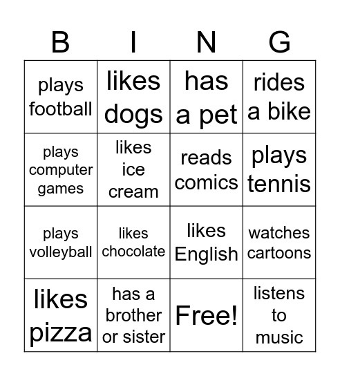 Present Simple Bingo Card