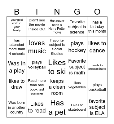 Getting to Know You Bingo Card
