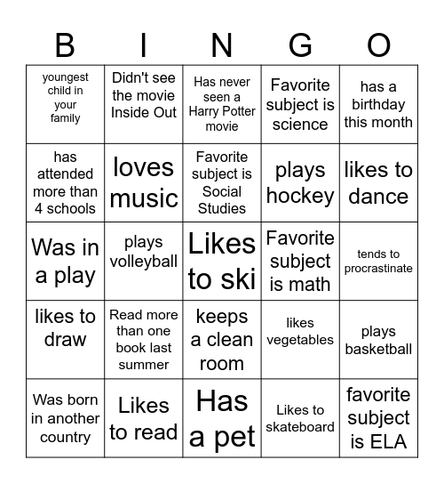 Getting to Know You Bingo Card