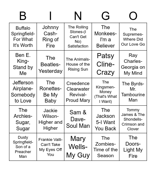 Musical Bingo - 1960's Theme Bingo Card
