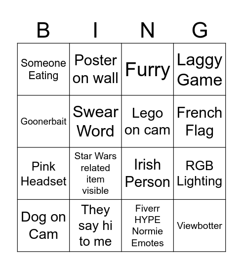 Twitch Streamer Bingo Card