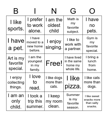 Things we have in common! Bingo Card