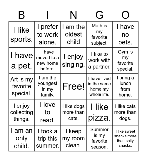Things we have in common! Bingo Card
