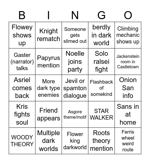 Deltarune chapter 5 Bingo Card