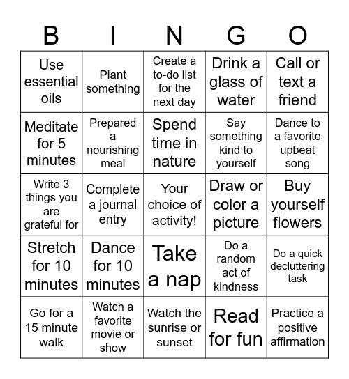 Self Care Bingo Card