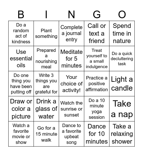 Self Care Bingo Card