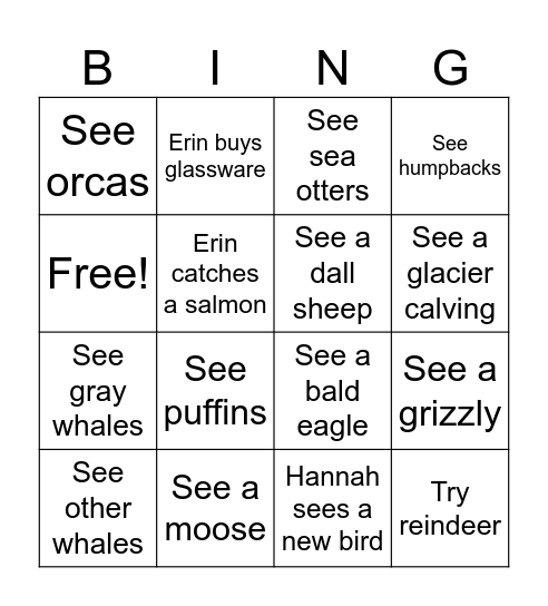 Alaska Bingo Card