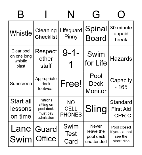 CDRC Pool Staff Bingo Card