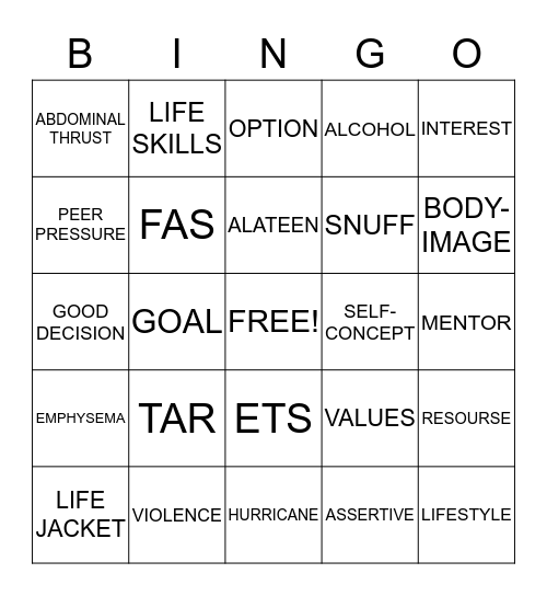 HEALTH Bingo Card