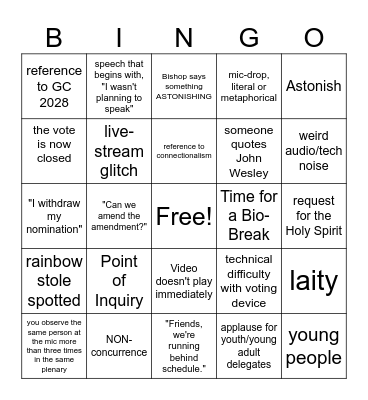 2026 Annual Conference (Cal-Pac Young People's Version) Bingo Card