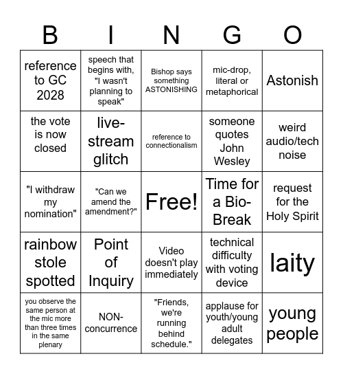 2026 Annual Conference (Cal-Pac Young People's Version) Bingo Card