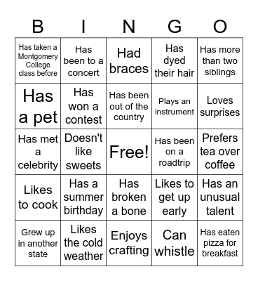 Getting to Know You Bingo Card