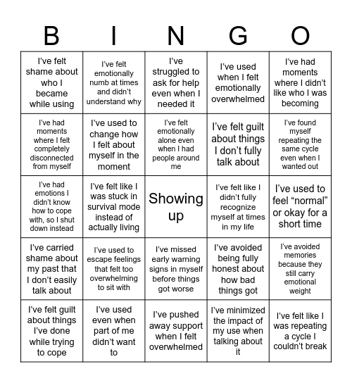 Substance Use Bingo Card