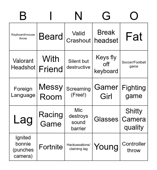 Gamer Rage Bingo Card
