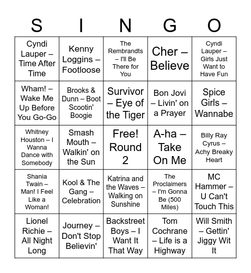 Singo Round 2 Bingo Card