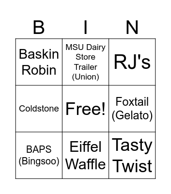 Ice Cream Bingo Card
