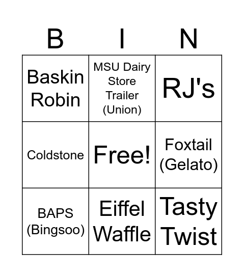 Ice Cream Bingo Card