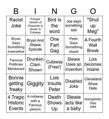 Family Guy Bingo Card