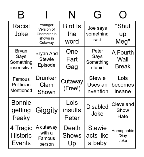 Family Guy Bingo Card