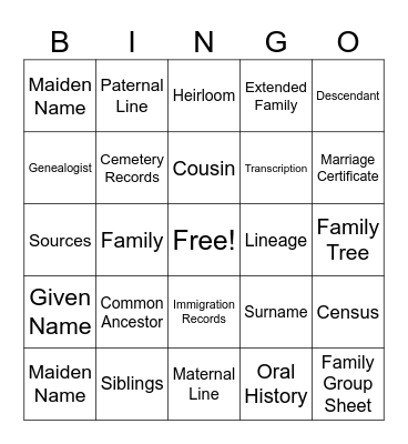Family History Vocabulary Bingo Card