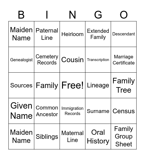 Family History Vocabulary Bingo Card