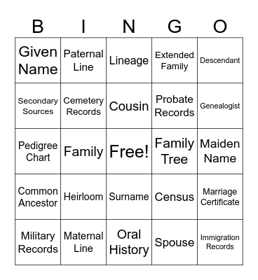 Family History Vocabulary Bingo Card