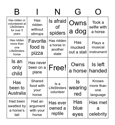 LifeStriders Class Bingo Card
