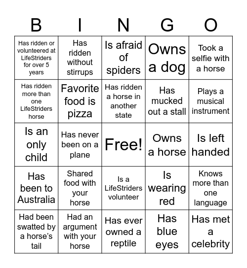 LifeStriders Class Bingo Card