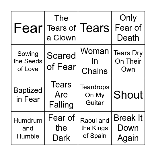 Tears or Fears Bingo Card
